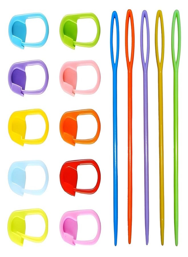 DODHAR Plastic Locking Stitch Markers for Knitting & Crochet (10 Pcs, Multicolor) + Large Eye Plastic Yarn Sewing Needles (6 Pcs) - Crochet, Weaving & Wool Accessories Set (Stitch Markers Needles) - Image 1